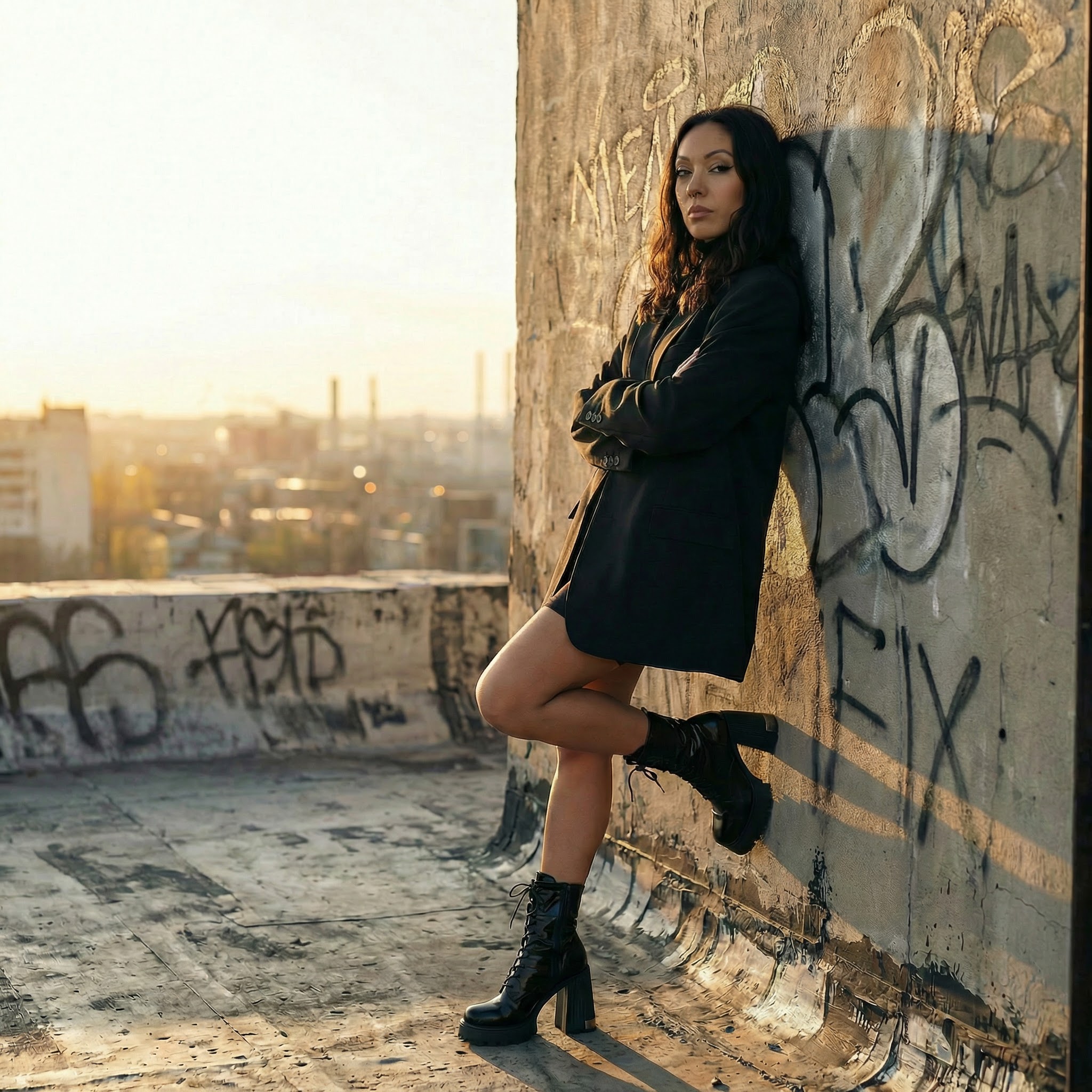 Devi Dao, founder of Prosperity Syndicate, leaning against a graffiti wall at golden hour over the city