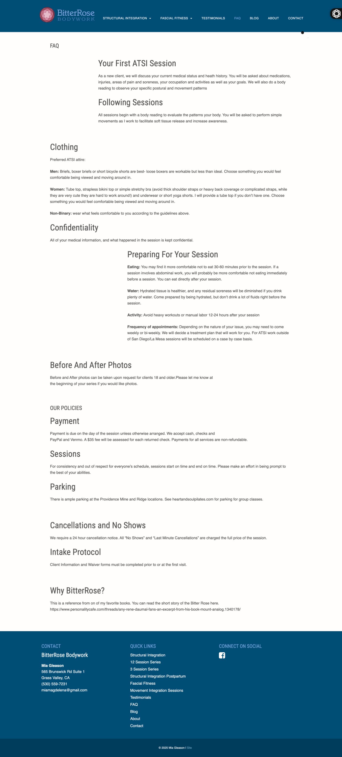 BitterRose Bodywork original website FAQ page before the Prosperity Syndicate redesign
