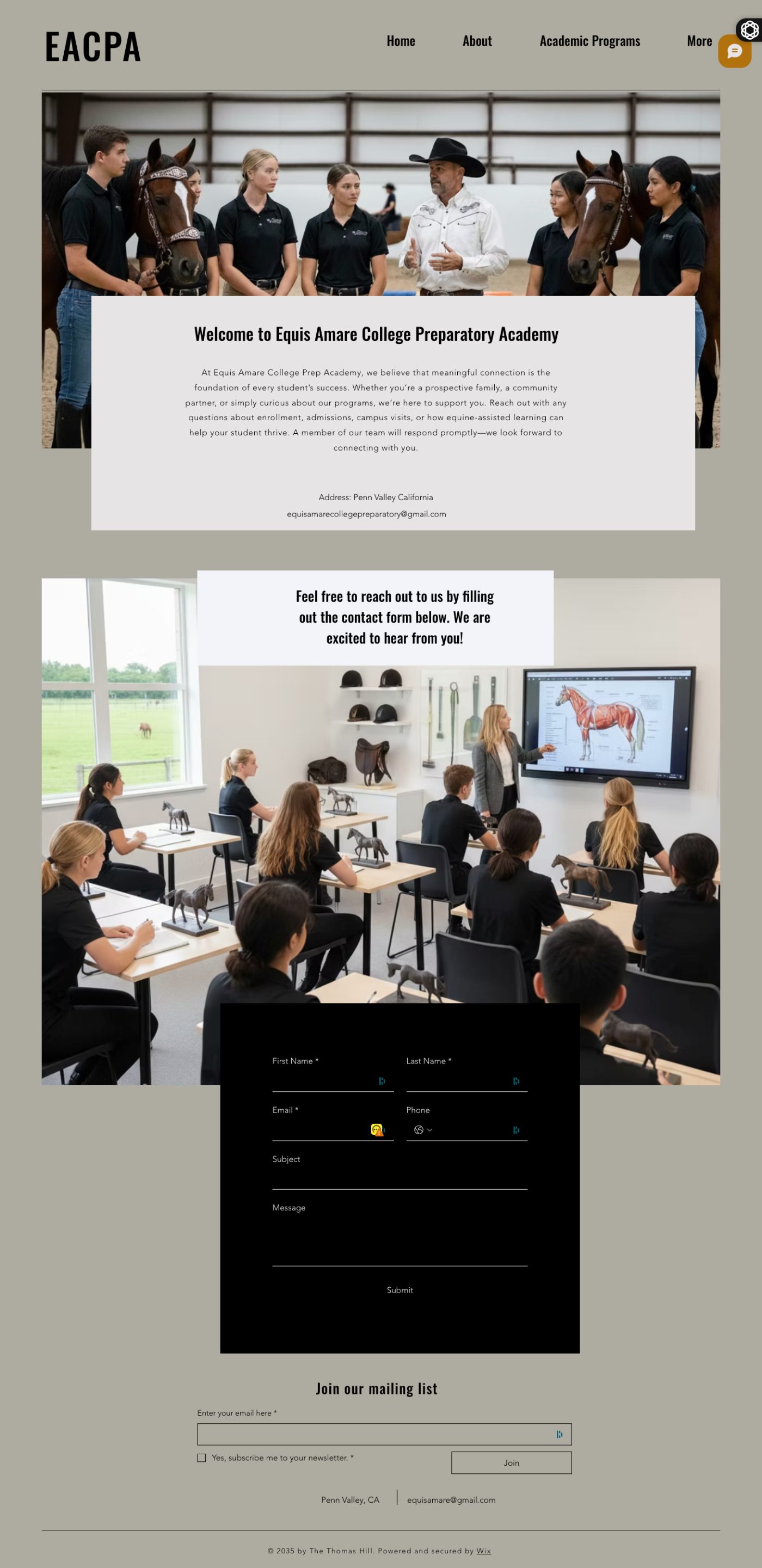 Equis Amare College Prep original website contact page before the Prosperity Syndicate rebuild
