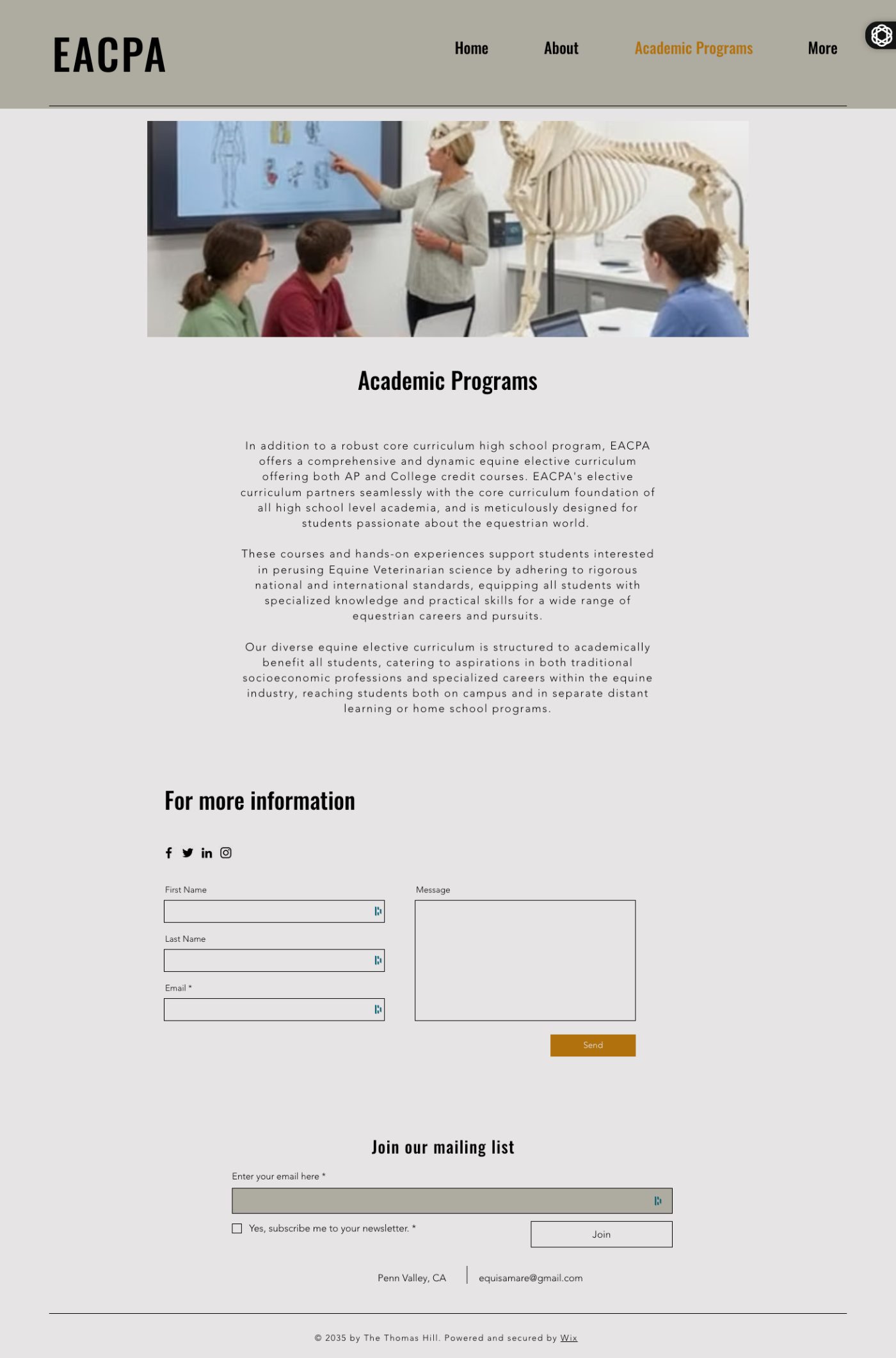 Equis Amare College Prep original website programs page before the Prosperity Syndicate rebuild