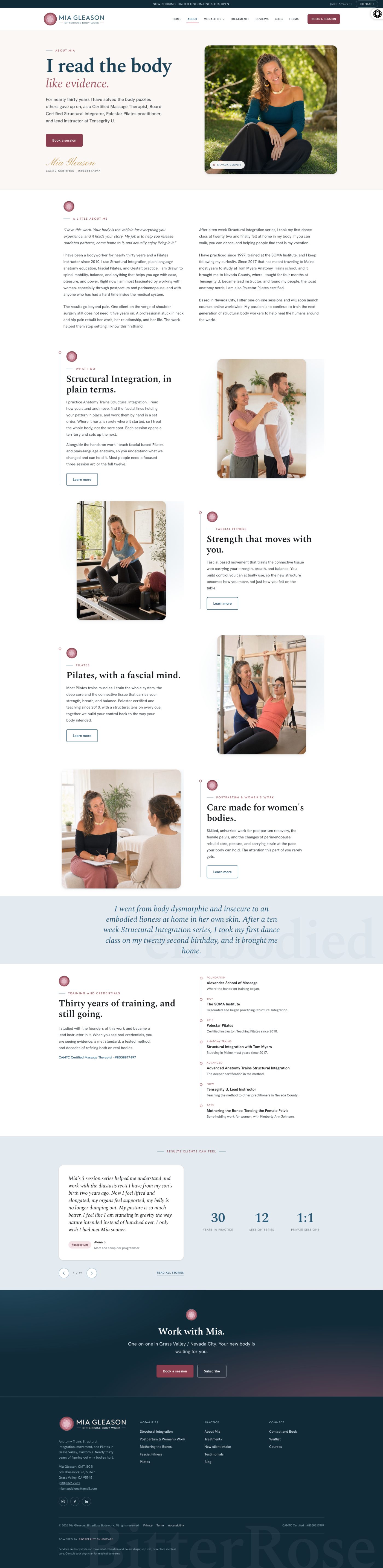 Prosperity Syndicate website redesign for BitterRose Bodywork, new About page for Mia Gleason, design by Devi Dao