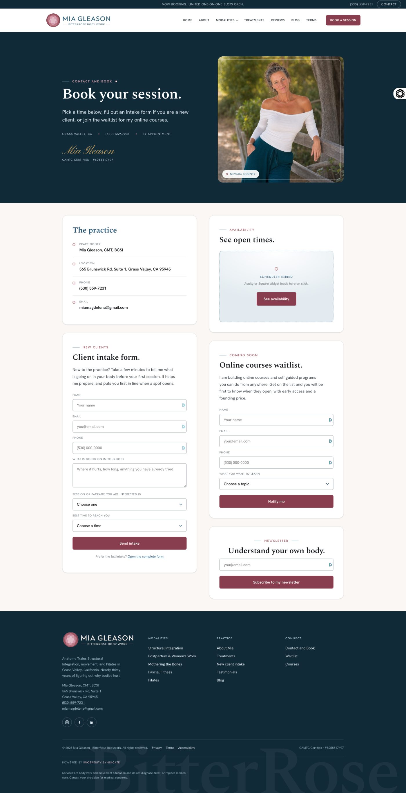 Prosperity Syndicate website redesign for BitterRose Bodywork, new contact and booking page for Mia Gleason