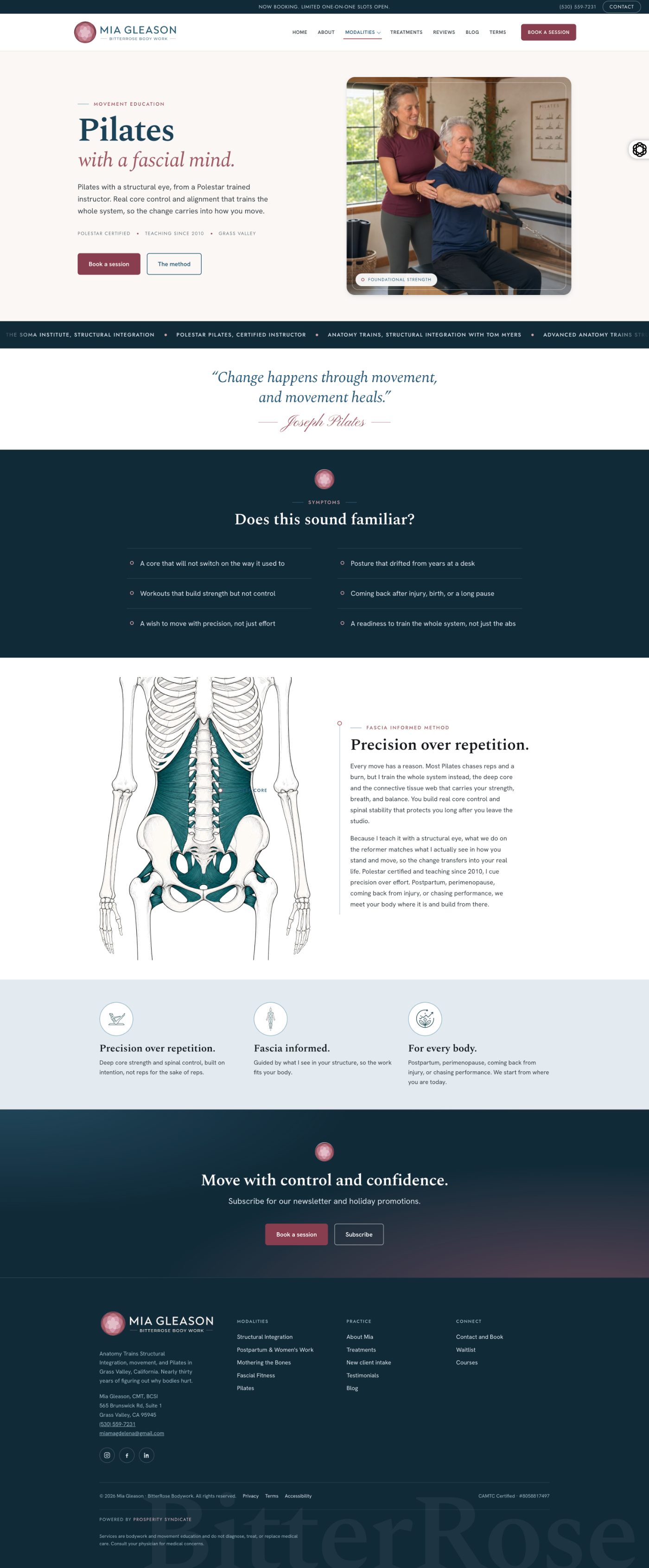 Prosperity Syndicate website redesign for BitterRose Bodywork, new Pilates page for Mia Gleason