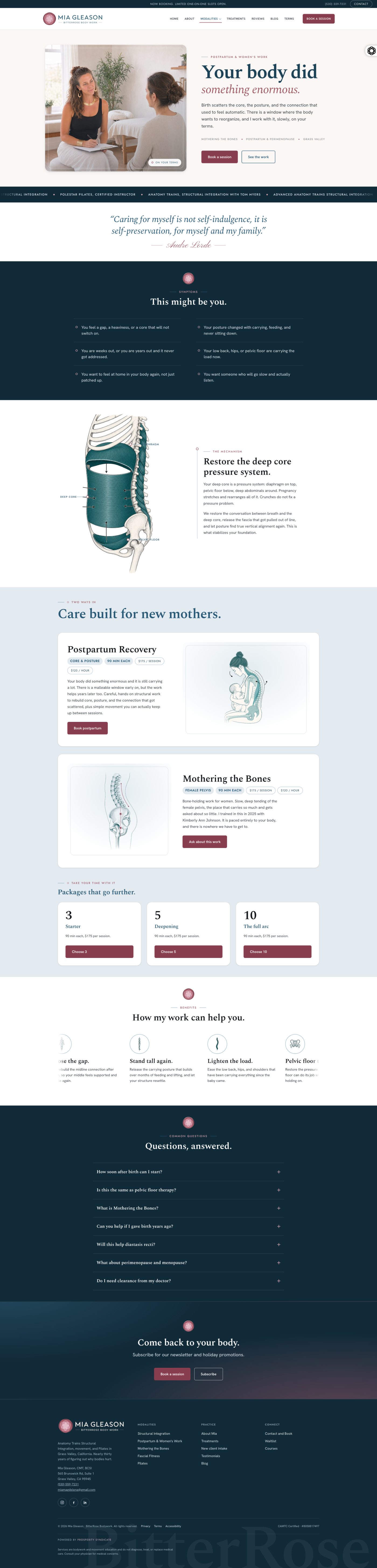 Prosperity Syndicate website redesign for BitterRose Bodywork, new postpartum recovery page for Mia Gleason