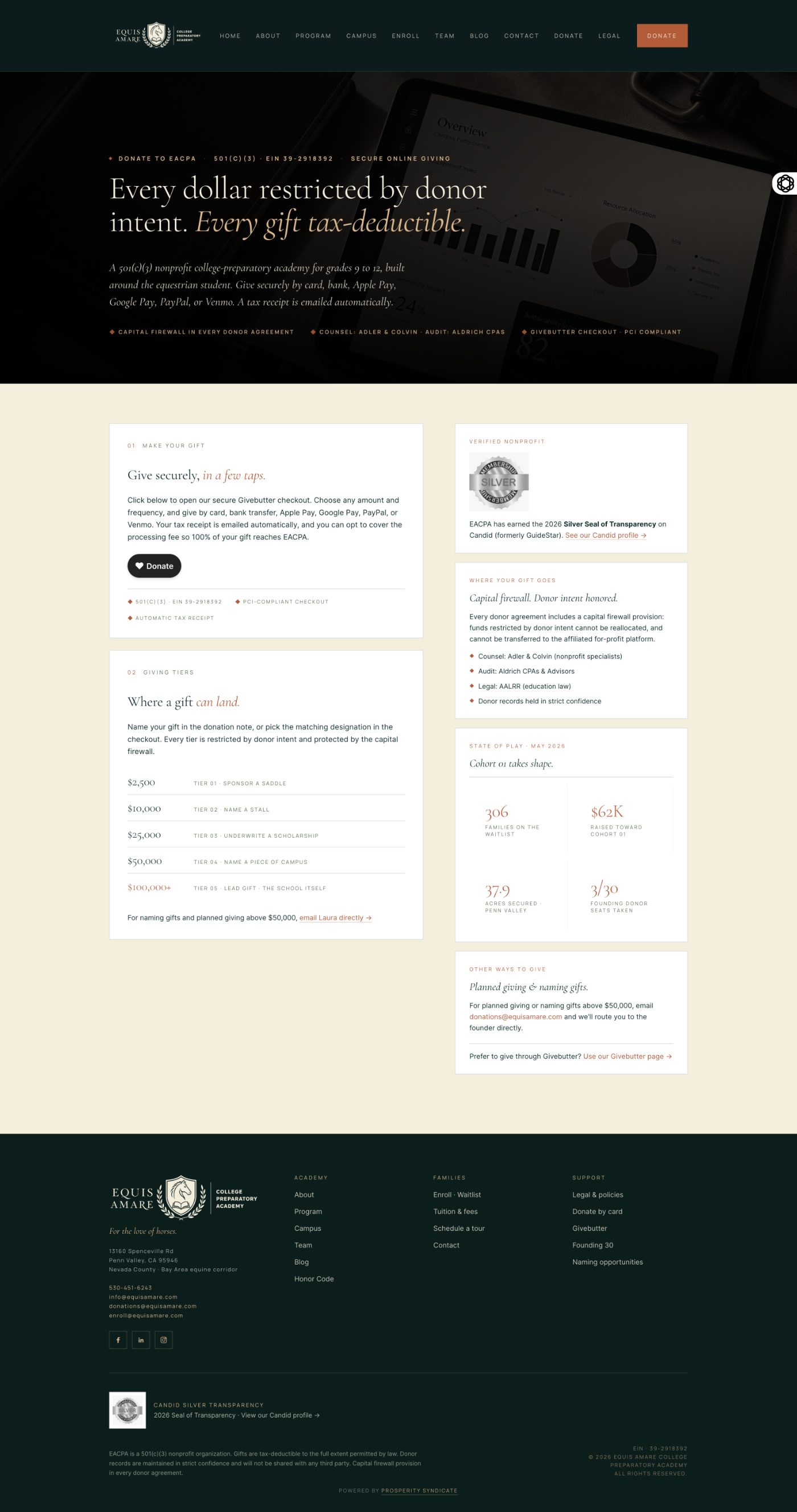 Prosperity Syndicate website redesign for Equis Amare College Preparatory Academy, new nonprofit donation page