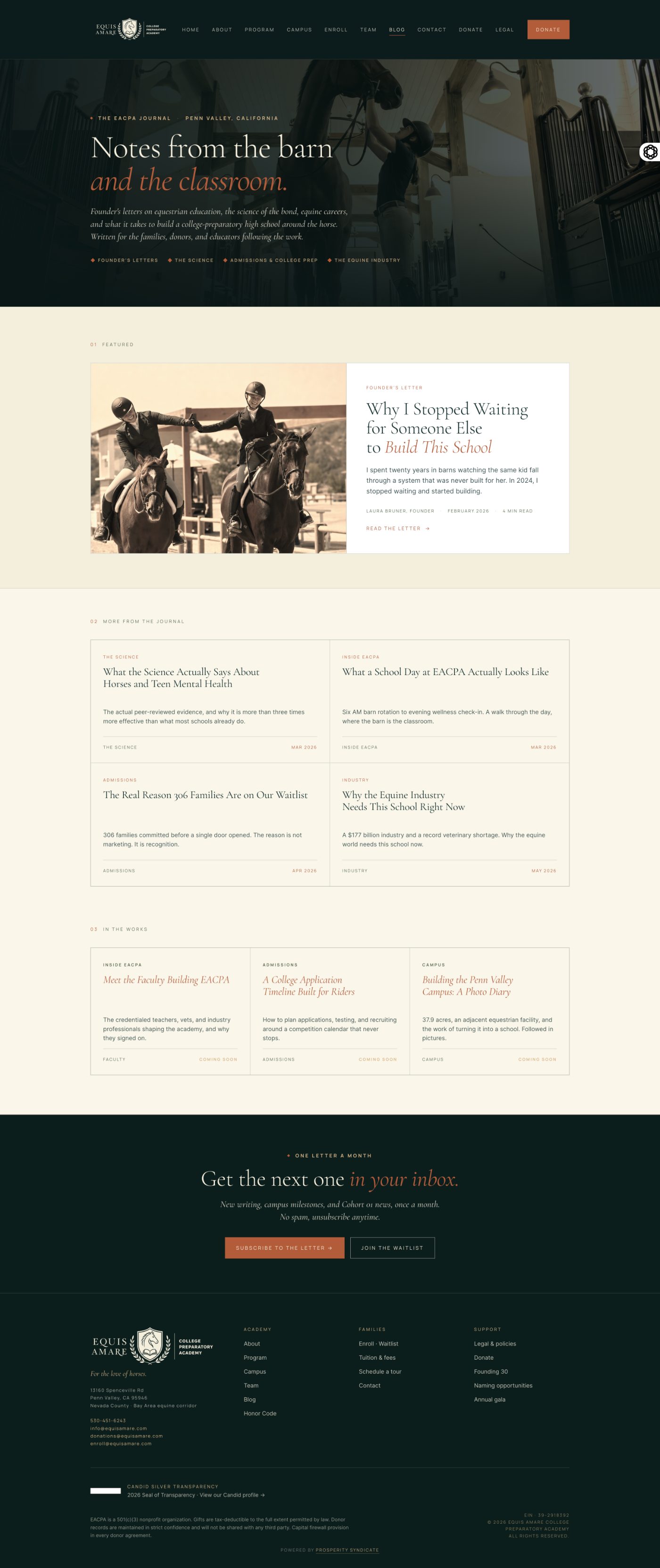 Prosperity Syndicate website redesign for Equis Amare College Preparatory Academy, new journal and founder letters page