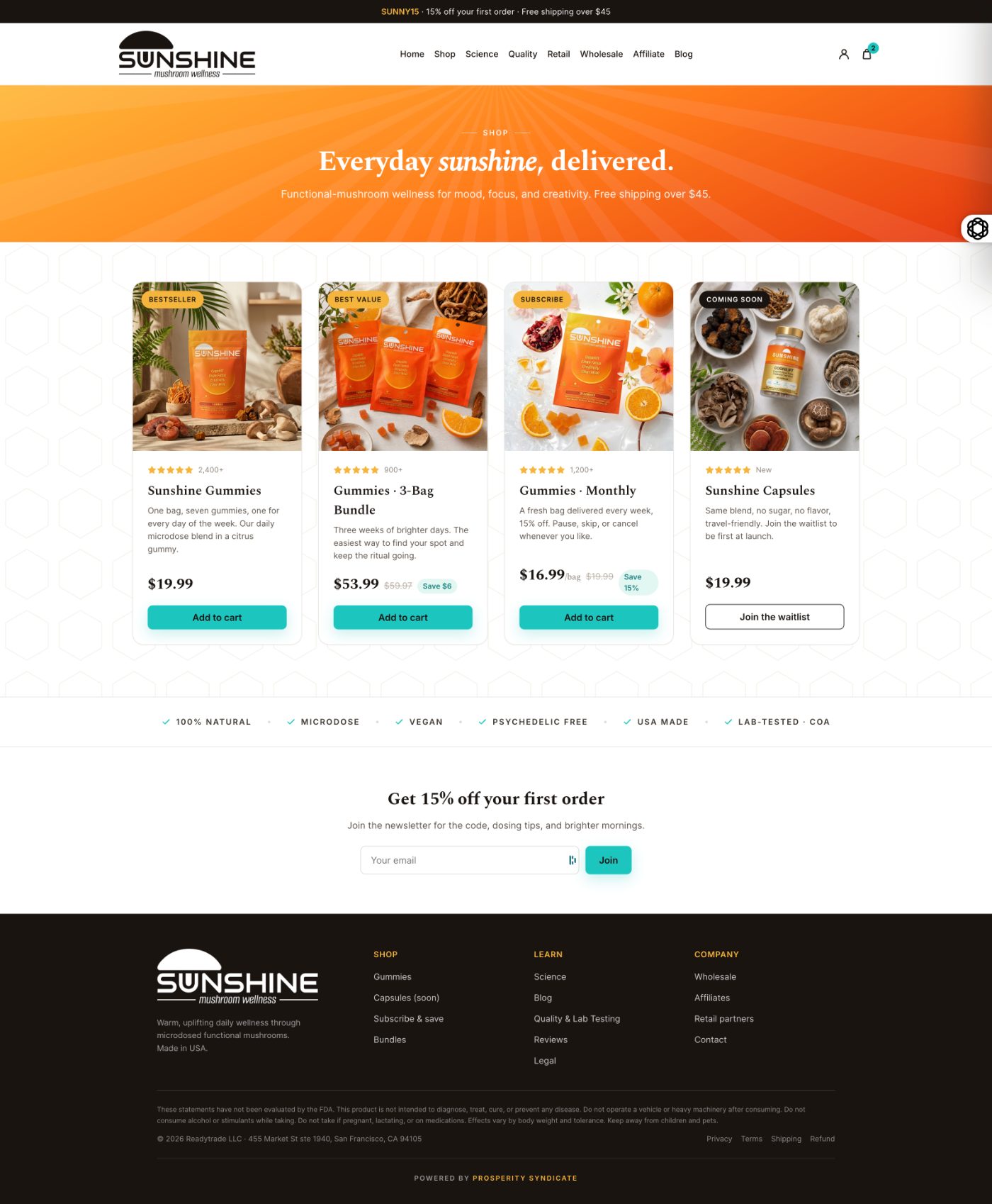 Prosperity Syndicate brand and e-commerce build for Sunshine Mushroom Wellness, online shop storefront, by Devi Dao