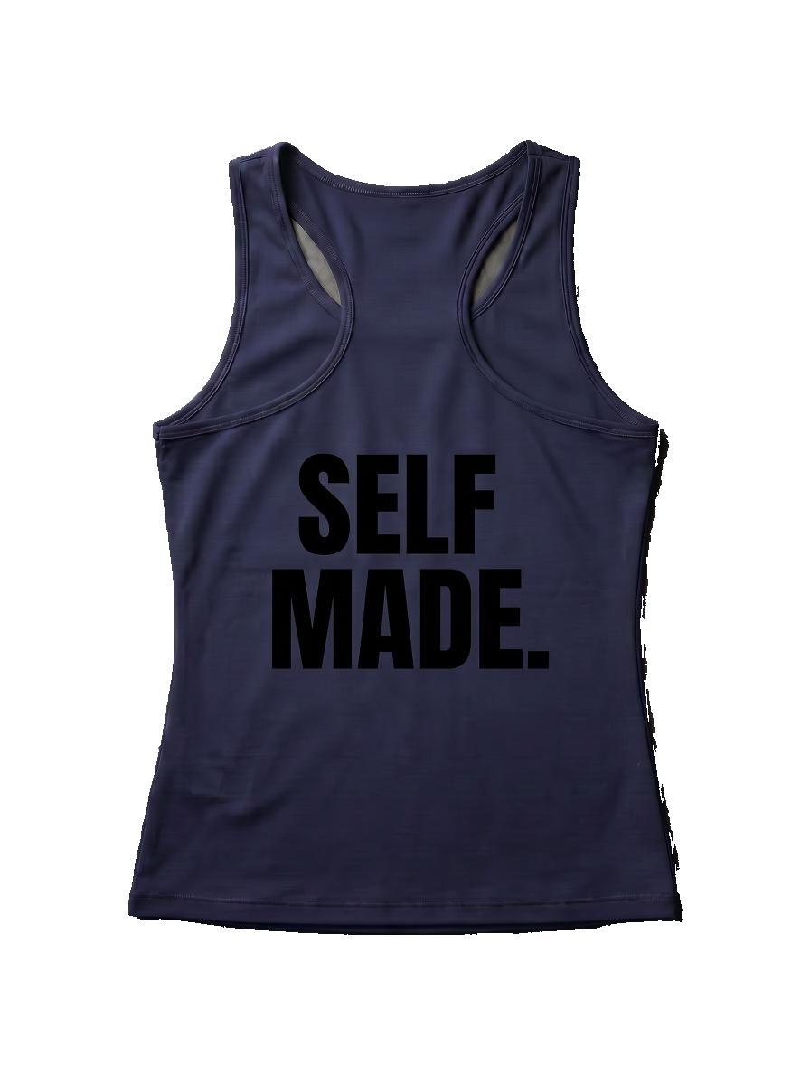 Back of the dusty plum tank reading Self Made.